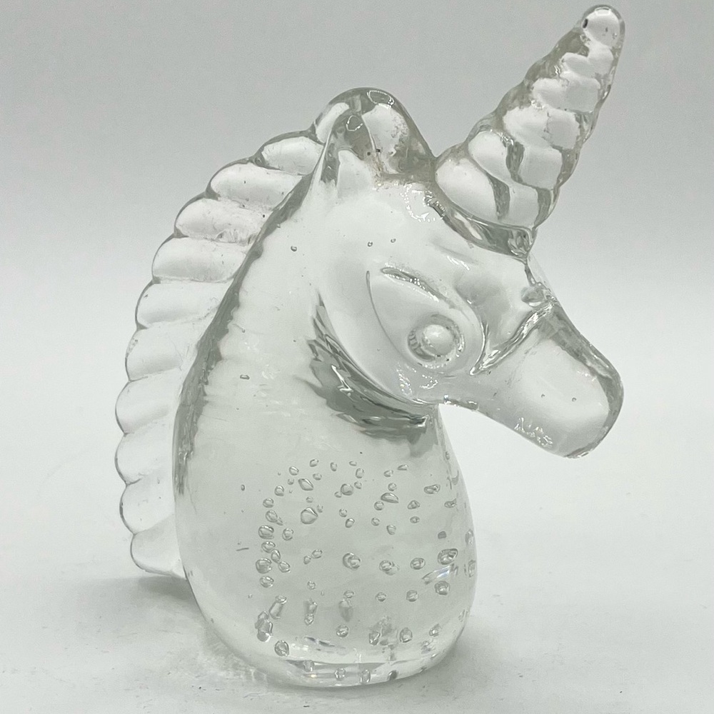 Vtg‎ Crystal Glass Unicorn Head Paperweight Figurine Controlled Bubbles 4” EUC